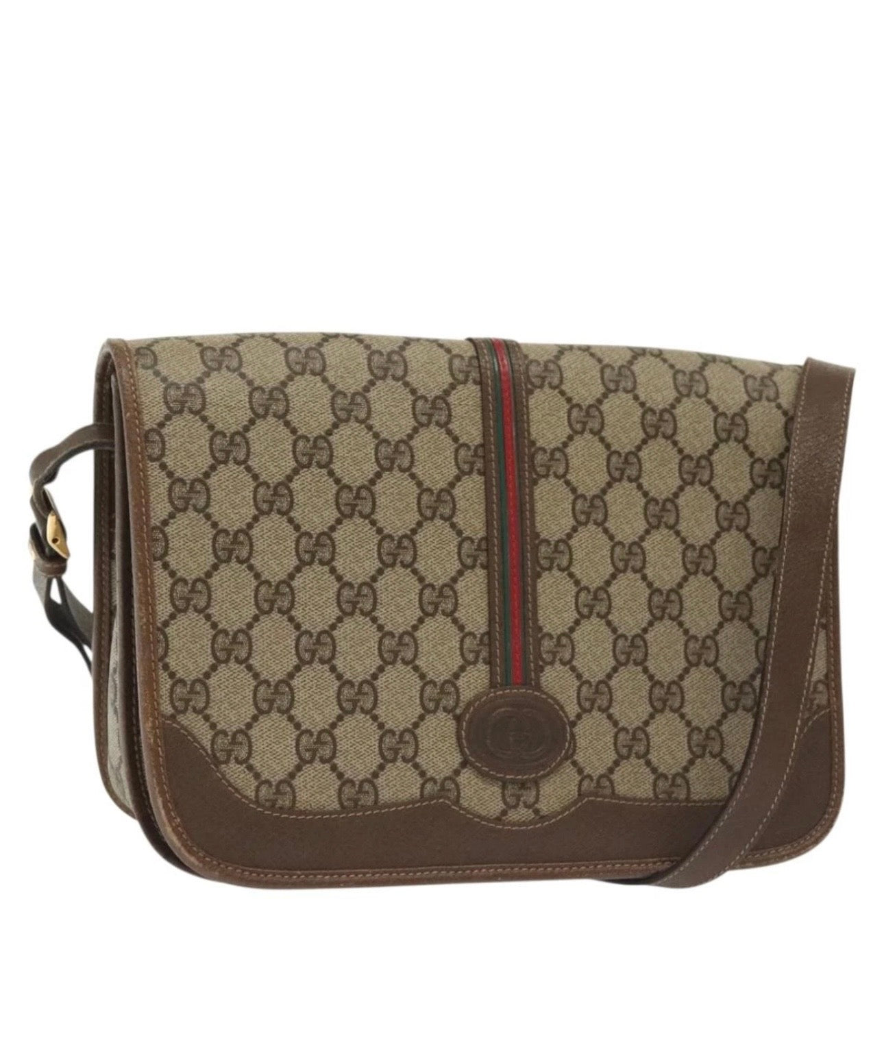 GUCCI GG Supreme Web Sherry Line Bag PVC Beige Gold