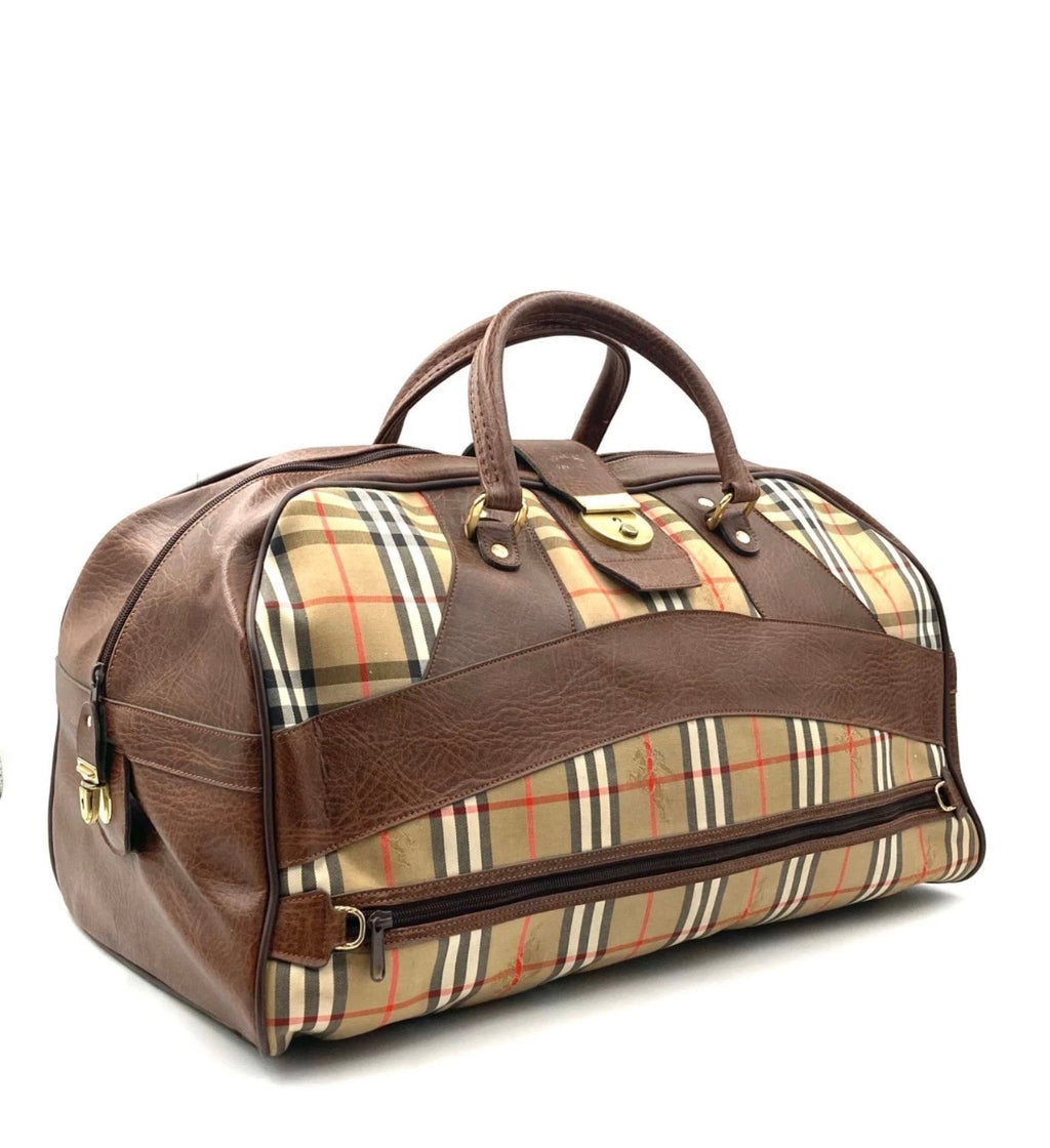 Burberry Nova Check Boston Bag Large Travel Bag Canvas Leather