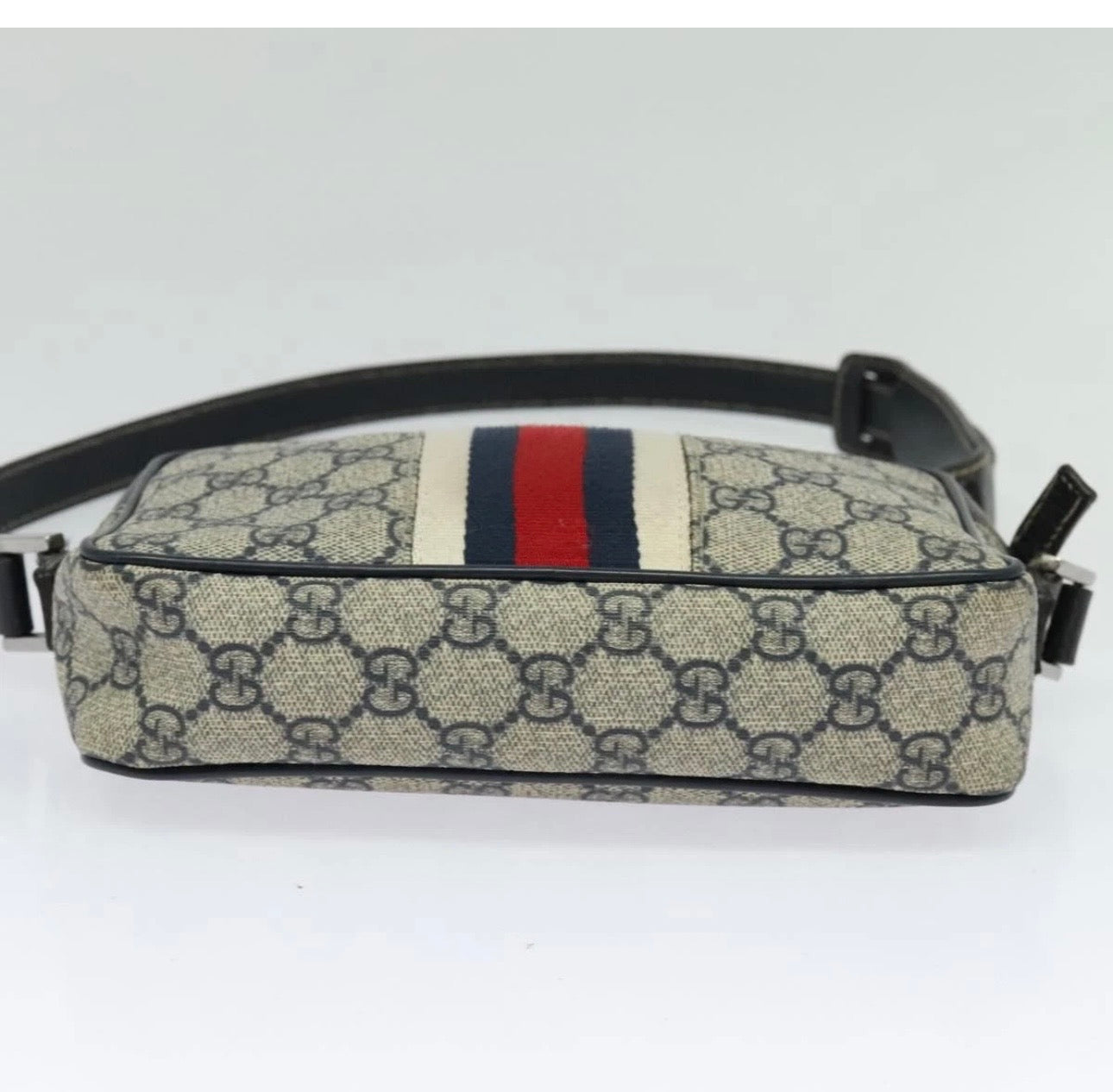 GUCCI GG Supreme Sherry Line Shoulder Bag PVC Navy Silver Red