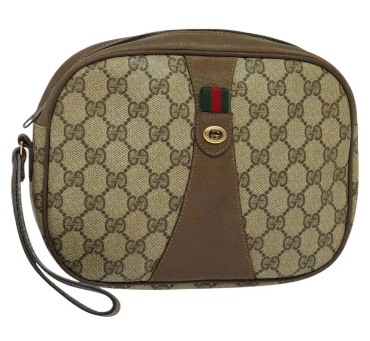 GUCCI GG Supreme Web Sherry Line Clutch Bag PVC Beige Gold