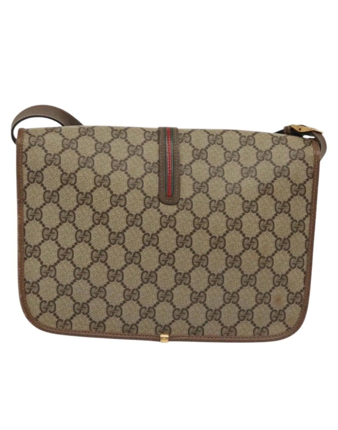 GUCCI GG Supreme Web Sherry Line Bag PVC Beige Gold