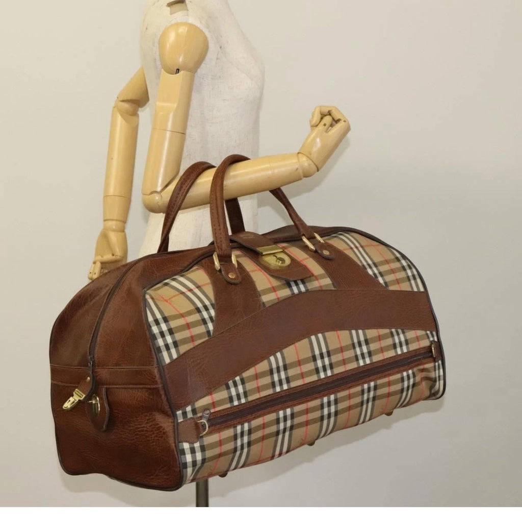 Burberrys Nova Check Boston Bag Canvas Beige Gold