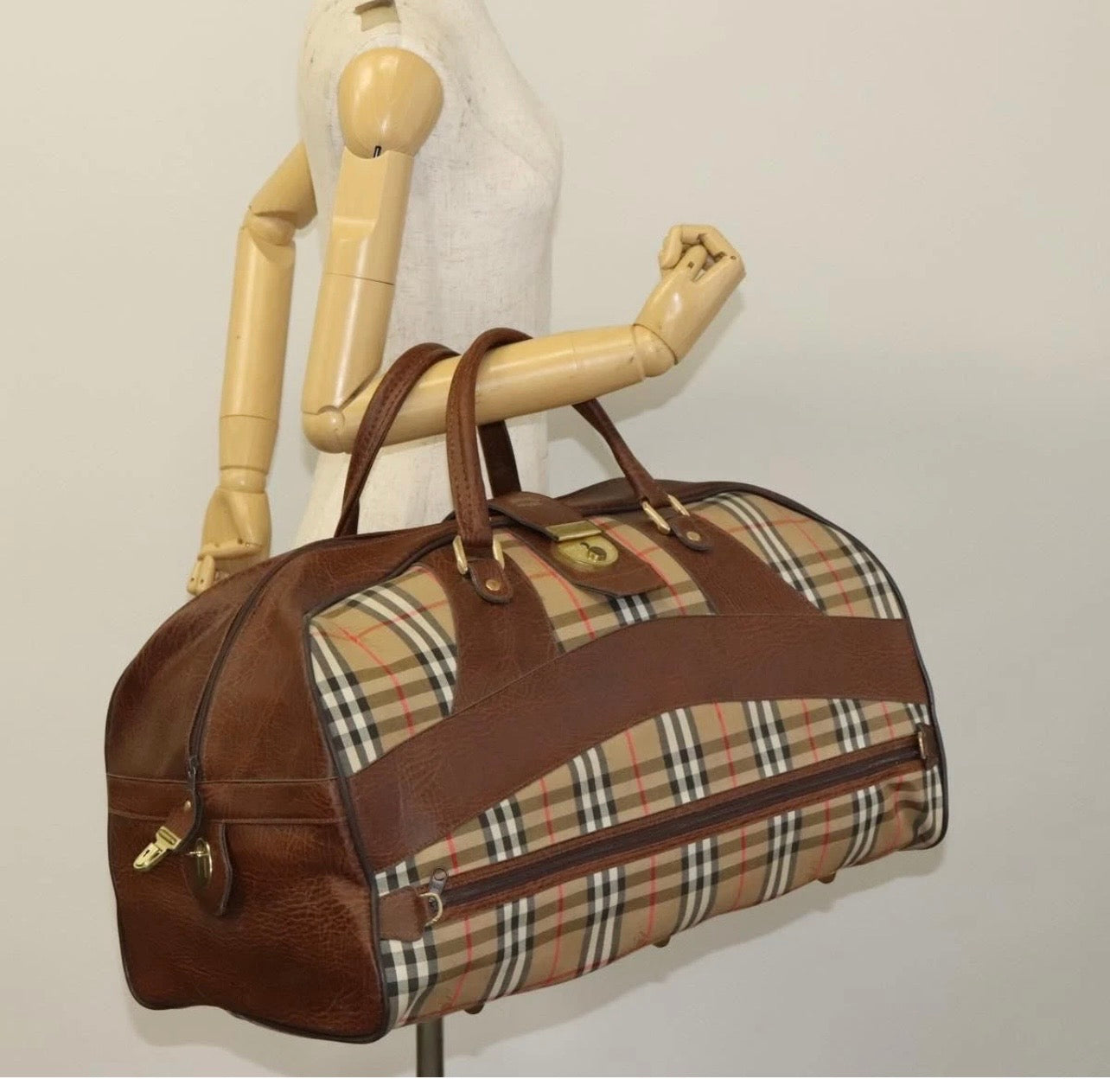 Burberrys Nova Check Boston Bag Canvas Beige Gold