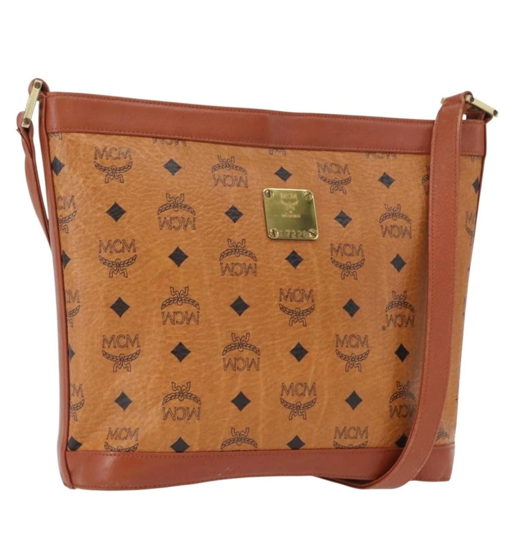 MCM Logogram Vicetos Shoulder Bag PVC Leather Brown Gold Authentic