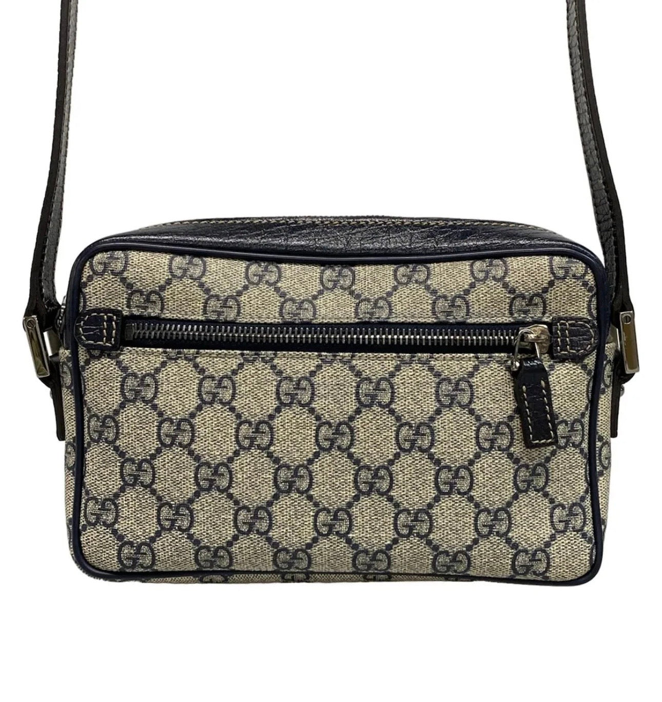 GUCCI GG Supreme Sherry Line Shoulder Bag PVC Navy Silver Red