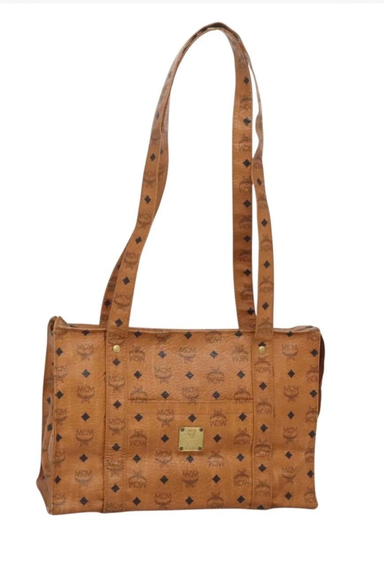 MCM Logogram Vicetos Tote Bag PVC Leather Brown Gold Authentic