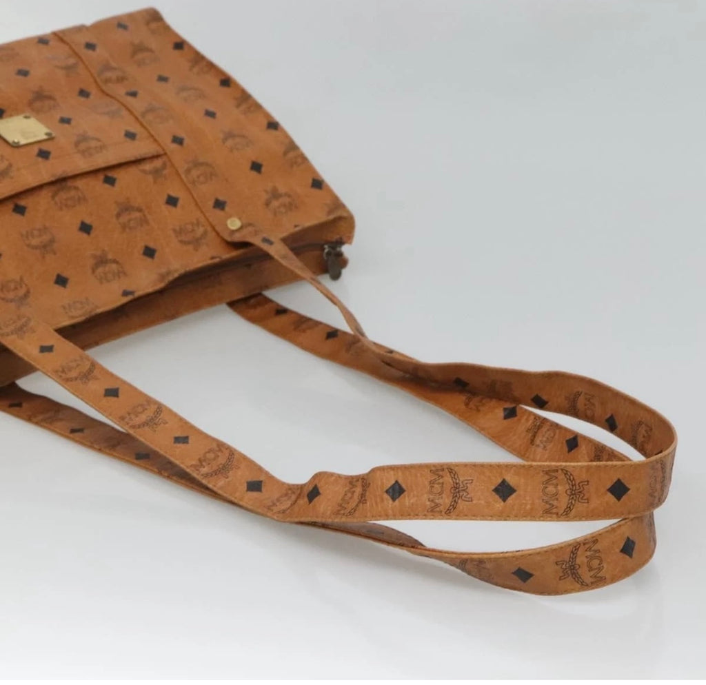 MCM Logogram Vicetos Tote Bag PVC Leather Brown Gold Authentic