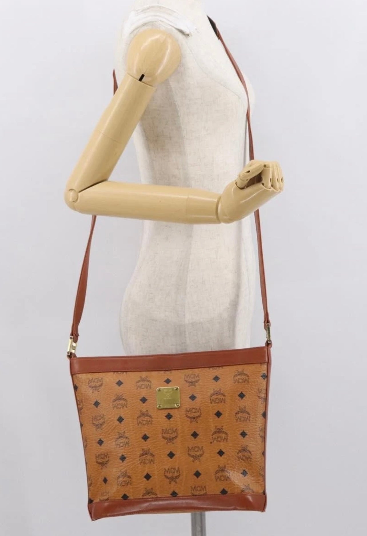 MCM Logogram Vicetos Shoulder Bag PVC Leather Brown Gold Authentic