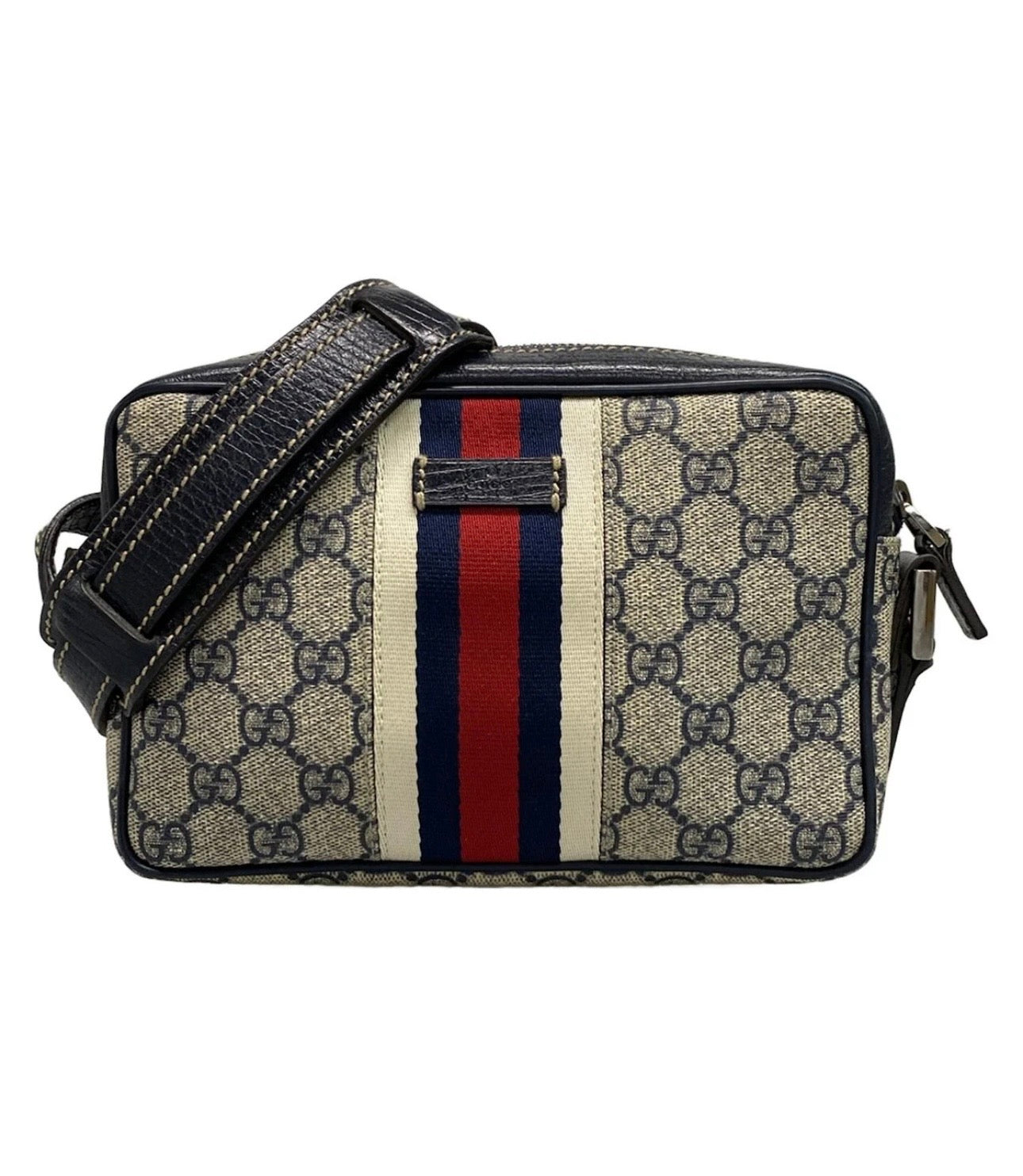 GUCCI GG Supreme Sherry Line Shoulder Bag PVC Navy Silver Red